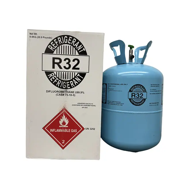 Ten upright 20.9 lb R-32 refrigerant cylinders grouped together.