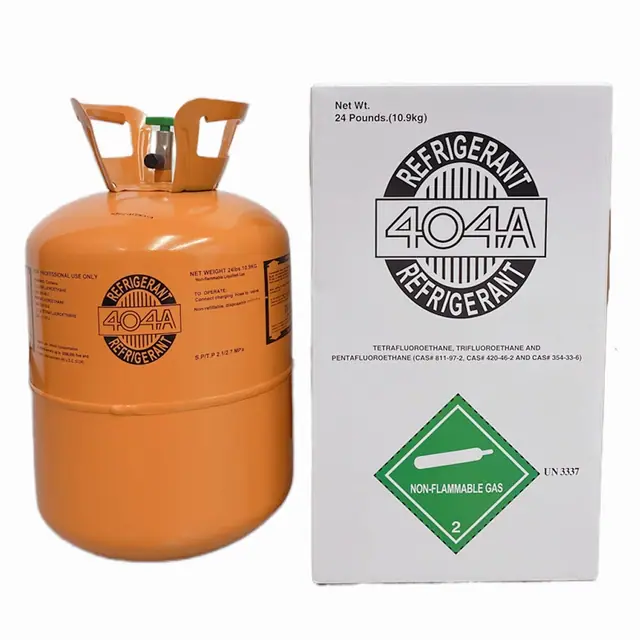 Ten upright 24 lb cylinders of R-404A refrigerant grouped together.