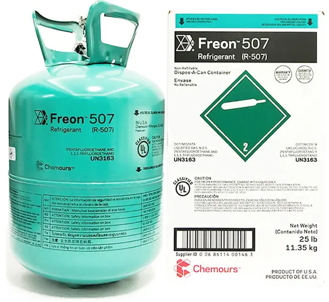 25 lb cylinder of R-507 refrigerant for commercial refrigeration