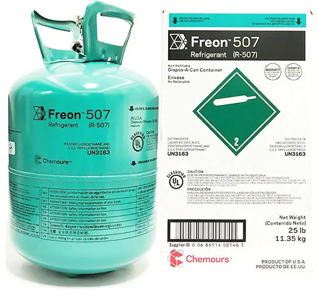 25 lb cylinder of R-507 refrigerant for commercial refrigeration