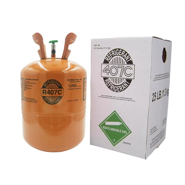 Thirty upright 25 lb R-407C refrigerant cylinders lined up on a warehouse floor.