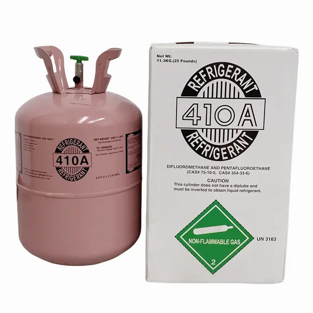 Upright 25 lb R-410A refrigerant cylinders standing together in a row.