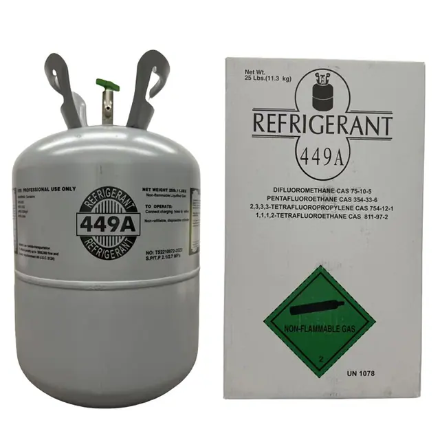 A group of 25 lb R-449A refrigerant gas cylinders.