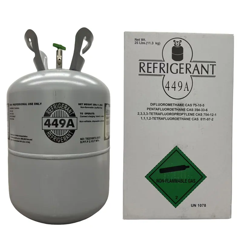 A group of 25 lb R-449A refrigerant gas cylinders.