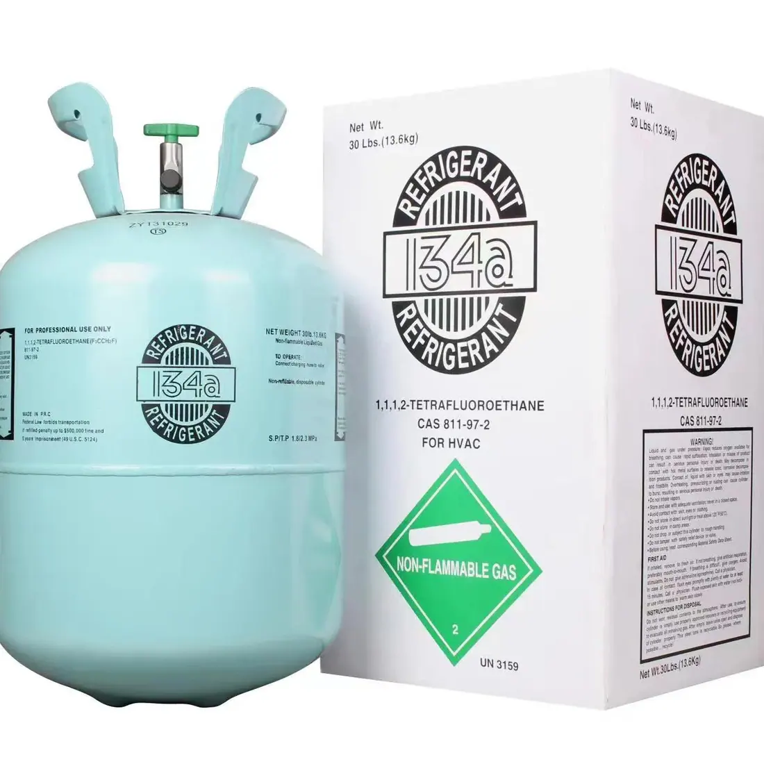 30 lb cylinder of R-134a automotive refrigerant with 1/2 ACME fitting