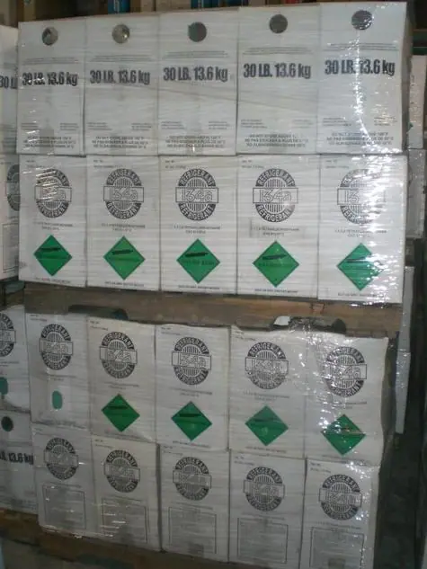Full pallet of forty 30 lb R-134a automotive refrigerant cylinders