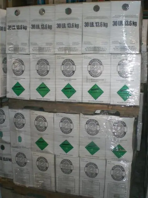 Full pallet of forty 30 lb R-134a automotive refrigerant cylinders
