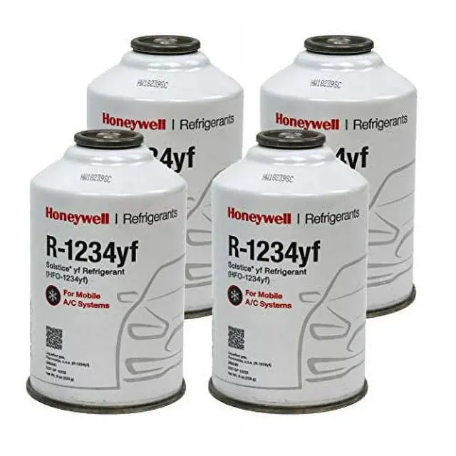 Four 8 oz cans of Honeywell R-1234yf refrigerant with brass can tap