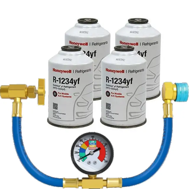 Four-pack of 8 oz Honeywell R-1234yf cans with brass can tap