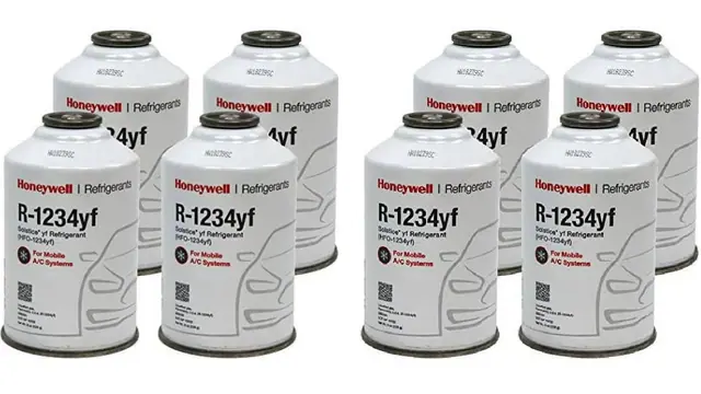 Eight 8 oz cans of Honeywell R-1234yf refrigerant