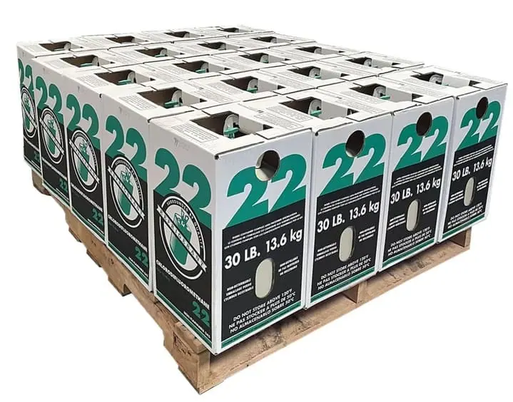 Quarter pallet of ten 30 lb R-22 refrigerant cylinders